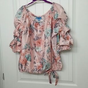 CeCe Shiny Floral Top, Short Sleeves with elastic